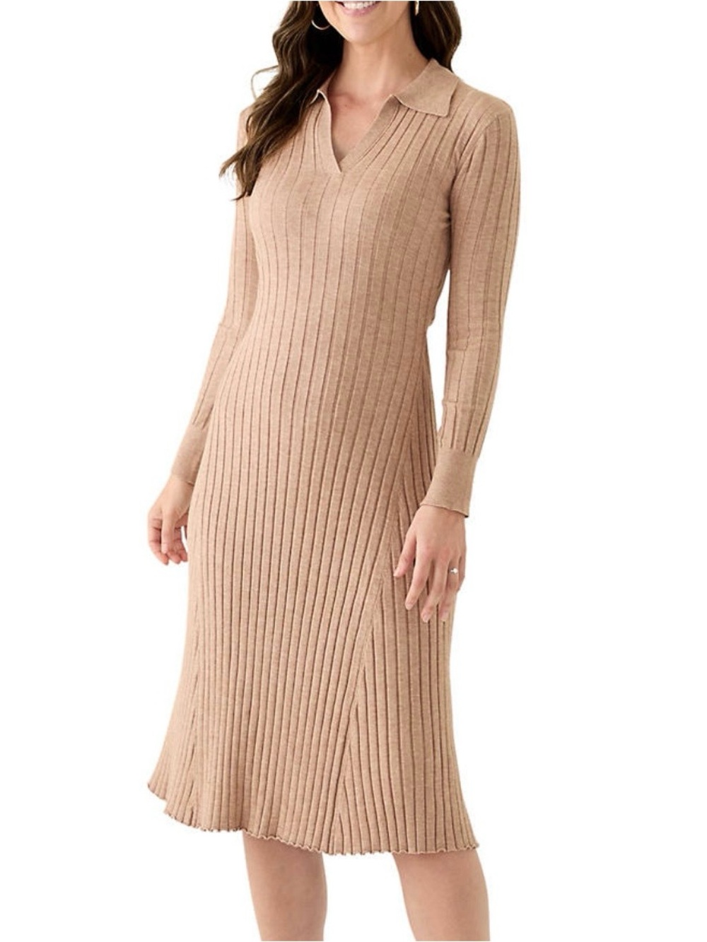 Single Thread Long Sleeve collar sweater ribbed dress, warm taupe, Size Medium
